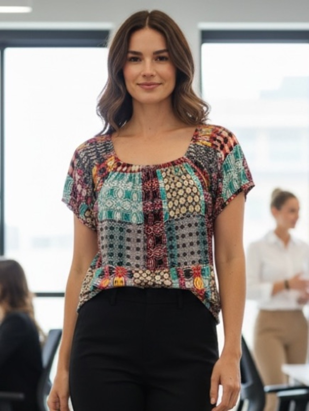 Grayson Women's Multicolor Patchwork Tunic - Teal & Pink Accents